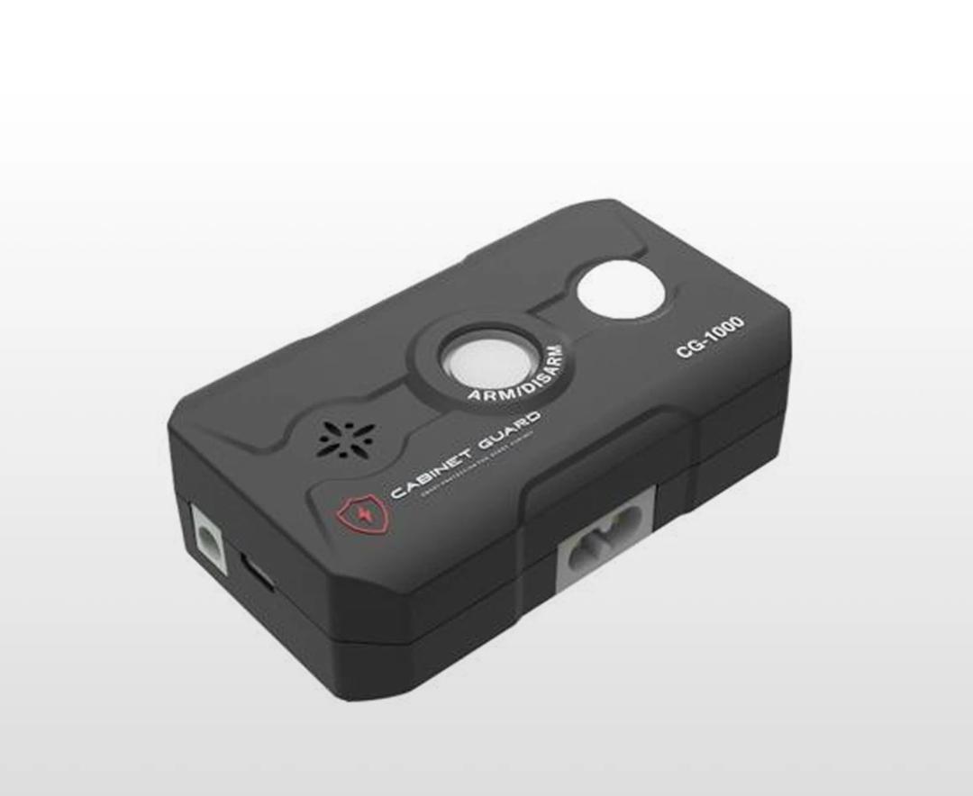 Cabinet Guard CG-1000 alarm showing SW-IN and SW-OUT terminals for door switch connections